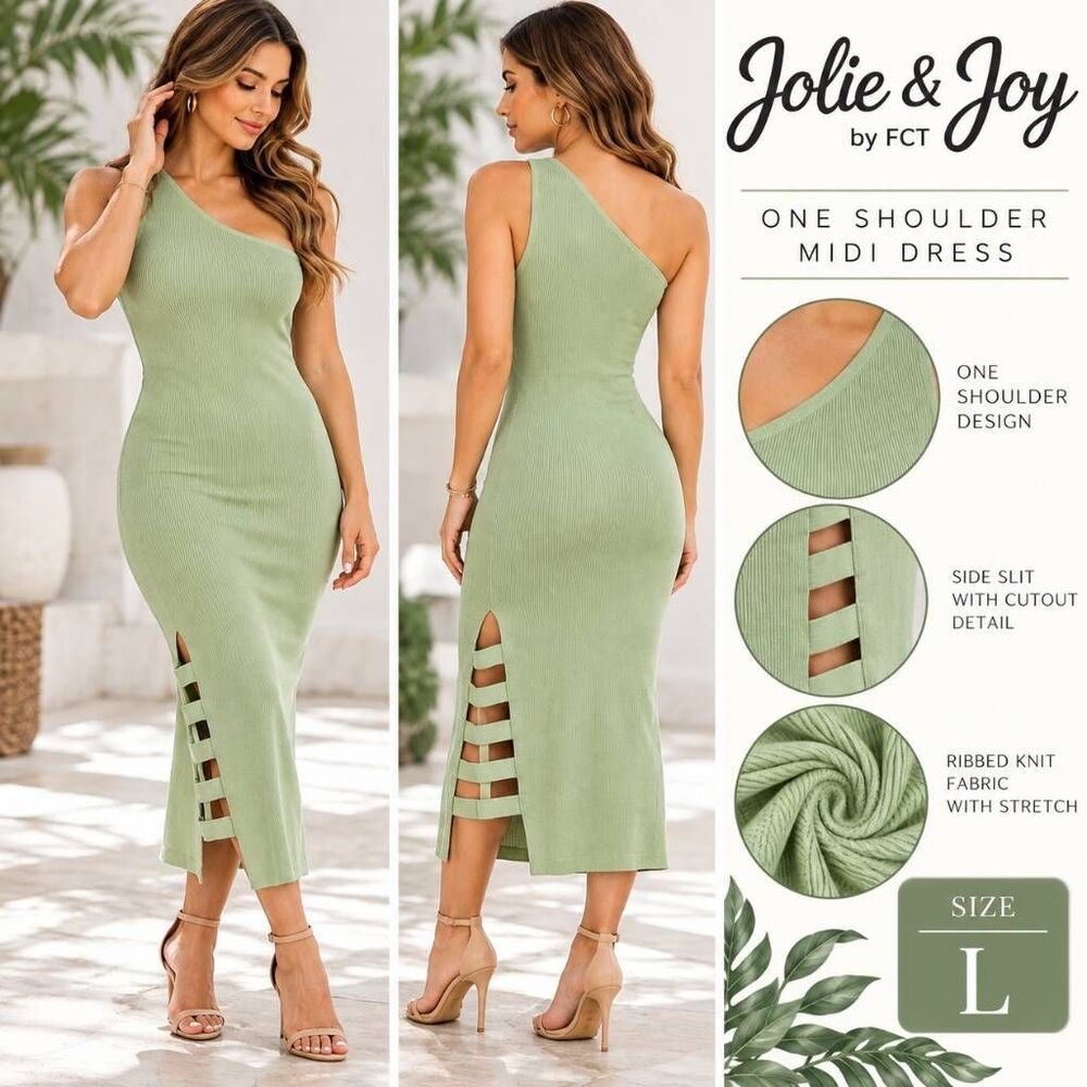 Jolie & Joy Women's L Sage Green One Shoulder Ribbed Knit Midi Dress Cutout NWT
